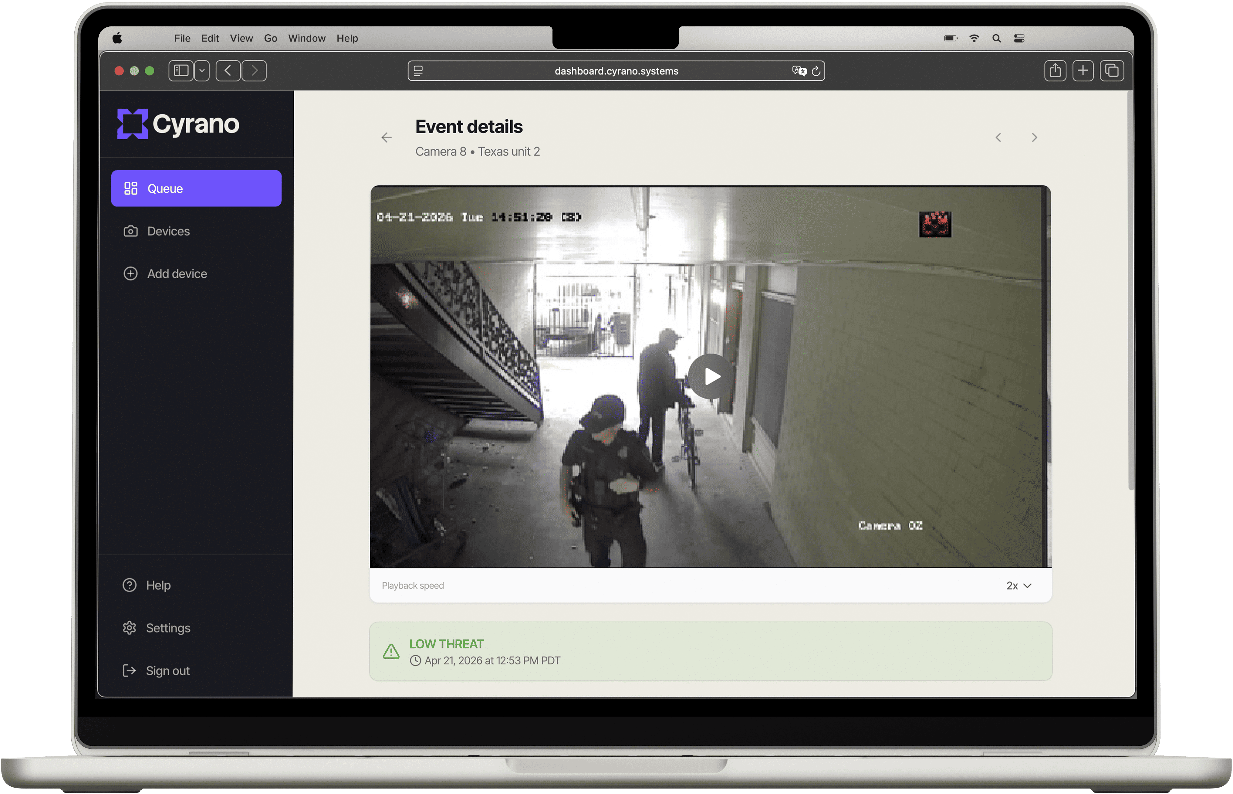 Cyrano dashboard showing an event video and low-threat alert