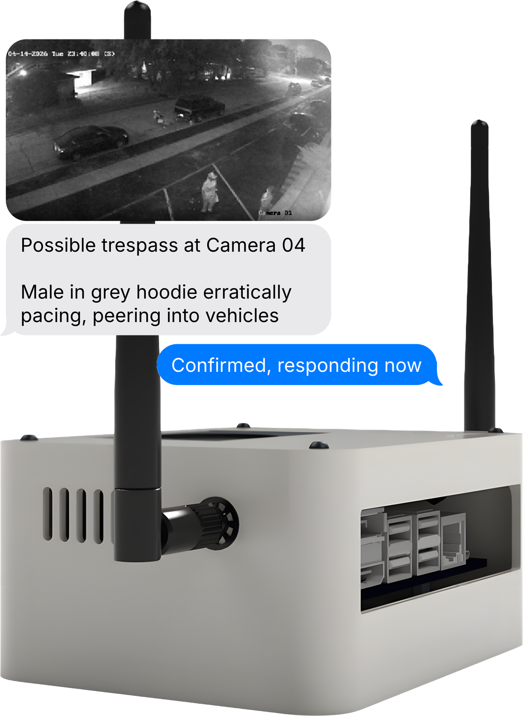 Cyrano edge unit with a sample SMS alert sent to a guard